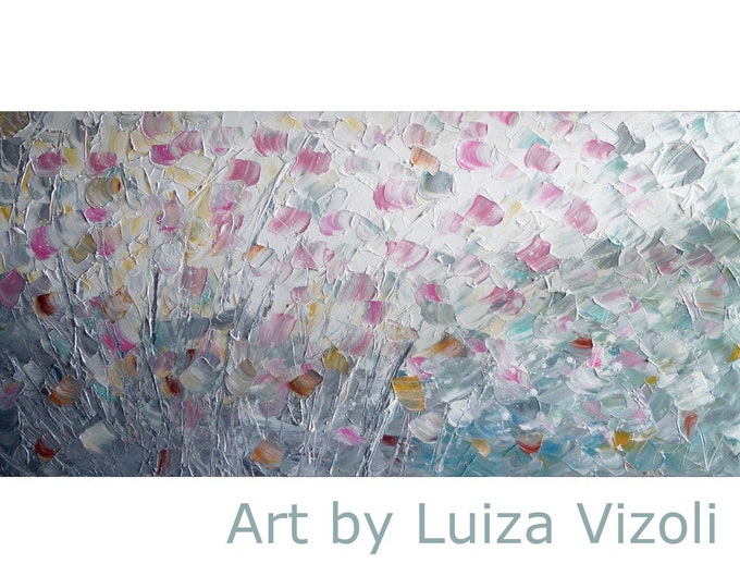 Abstract Flowers White Gray Pink Cream Painting Impasto Textured Expressionist Canvas by Luiza Vizoli