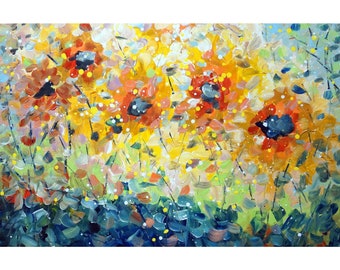 Sunflowers and Sunshine Abstract Petals Painting Drip Painting Original Art on Canvas by Luiza Vizoli