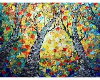 Fall Trees Oil Painting Original Art on Large Canvas Impasto Textured Artwork SYMPHONY OF LEAVES