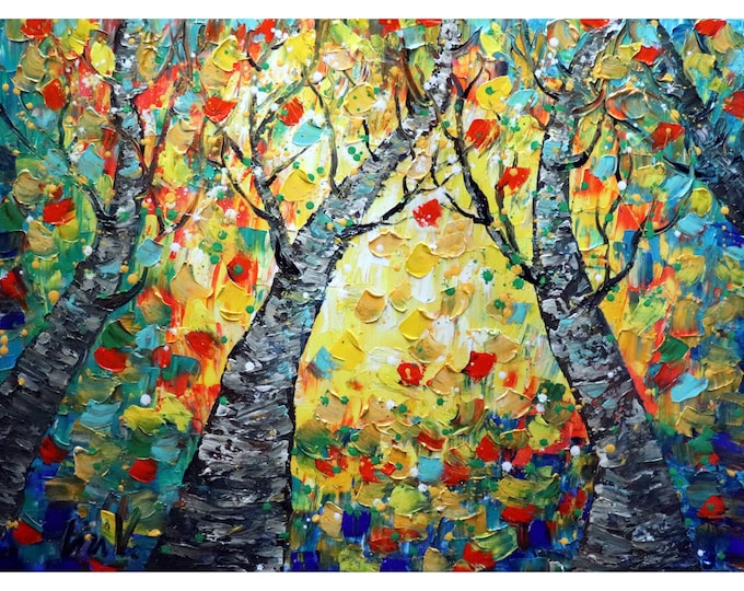 Fall Trees Oil Painting Original Art on Large Canvas Impasto Textured Artwork SYMPHONY OF LEAVES