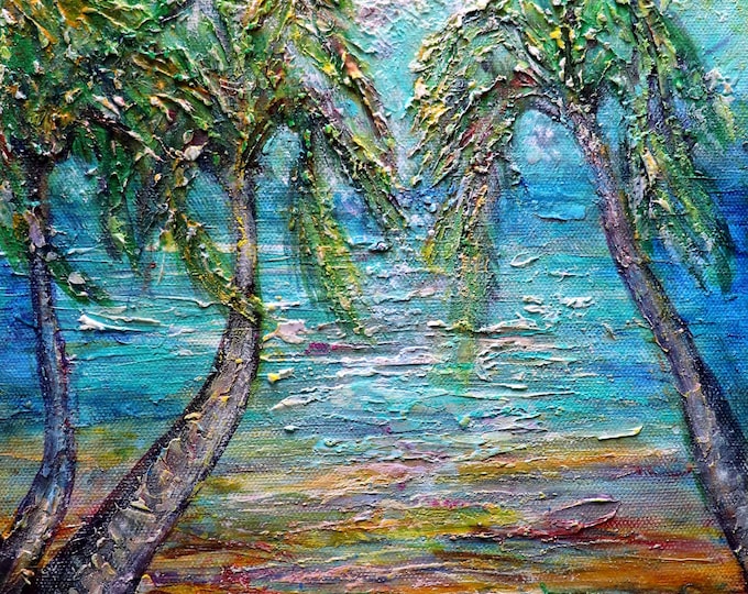 Palm Trees Original Painting, Ocean Beach Art, Tropical Seascape Wall Decor