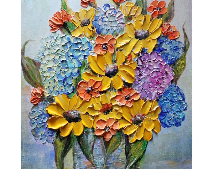 Fall Flowers Bouquet Oil Painting, Hydrangea Mums Flowers in Impasto Textured Style