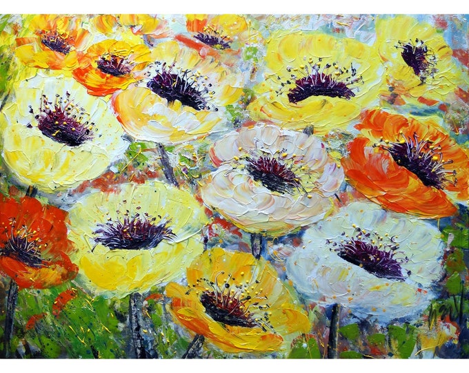 HAPPY Flowers from my SUMMER Garden Impasto Large Oil Painting White Yellow Orange Cream Poppy Floral Art by Luiza Vizoli