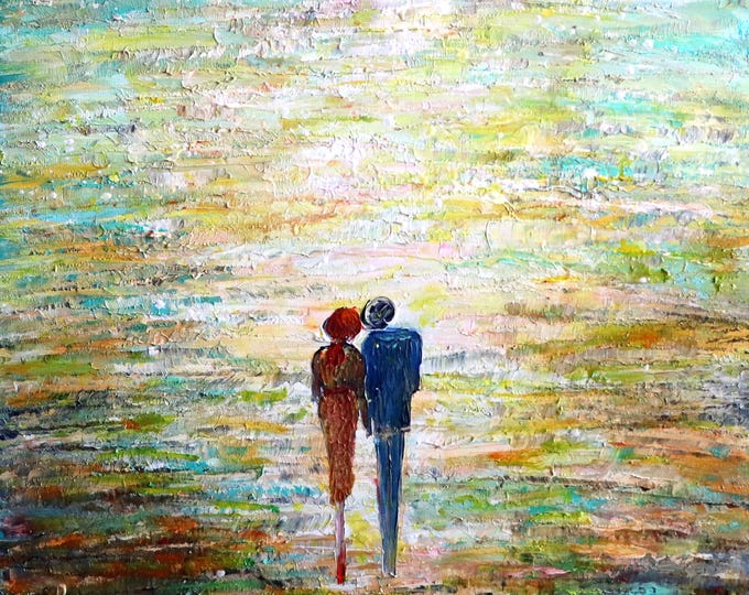 Mornings with You - Romantic Abstract Couple Hand-in-Hand Impressionist Original Painting by Luiza Vizoli