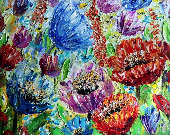 SUMMER BLOOM Abundance of Blooming Wildflowers Original Oil Painting on Canvas Colorful Floral Art by Luiza Vizoli