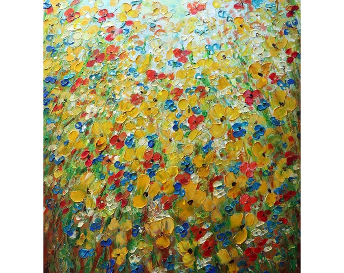 Wildflowers Field SPRING SUMMER in BLOOM Yellow Orange Blue Forget Me Not Flowers Large Original Painting Vertical Canvas
