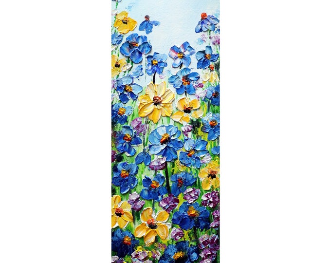 Colorful Wildflowers Green Grass Long Narrow Vertical Original Painting Impasto Textured Oil Art by Luiza Vizoli, ready to ship