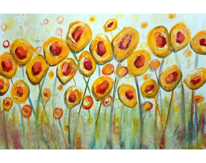 SUMMER YELLOW FLOWERS Original Oil Painting Impressionist Whimsical Abstract Modern Canvas Ready to Ship