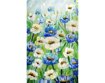 Natural Beauties After Rain Wildflowers Bloom White Blue Green Colors Original Oil Painting on Vertical Canvas ready to ship