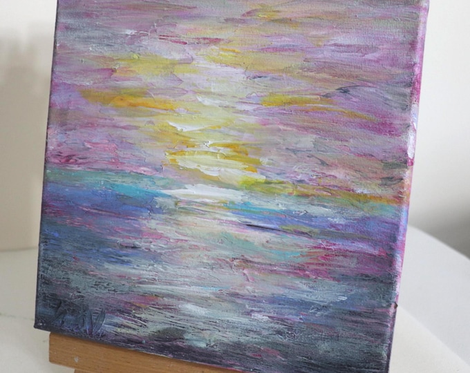 Original Oil Painting, 8x8 Abstract Sunset Water Reflection Pink Blue Signed Art