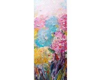 Happy Bees Butterflies Spring Hydrangeas Blooming Garden Original Painting by Luiza Vizoli, tall vertical narrow canvas