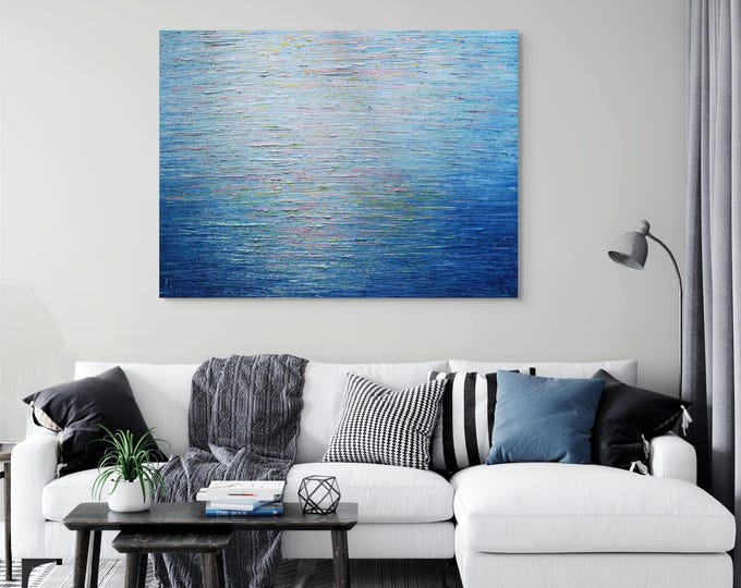 Original Textured Acrylic Painting, Soft Blue Pink Yellow Green Sky Reflections 48x36