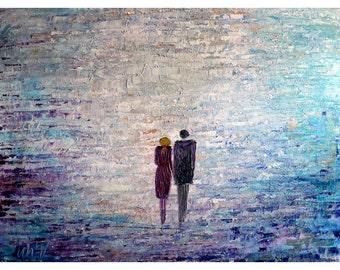 Morning Sunshine Couple Holding Hands Original Large Painting in shades of lavender, silver, gray, blue, gold, aqua  Ready to Ship
