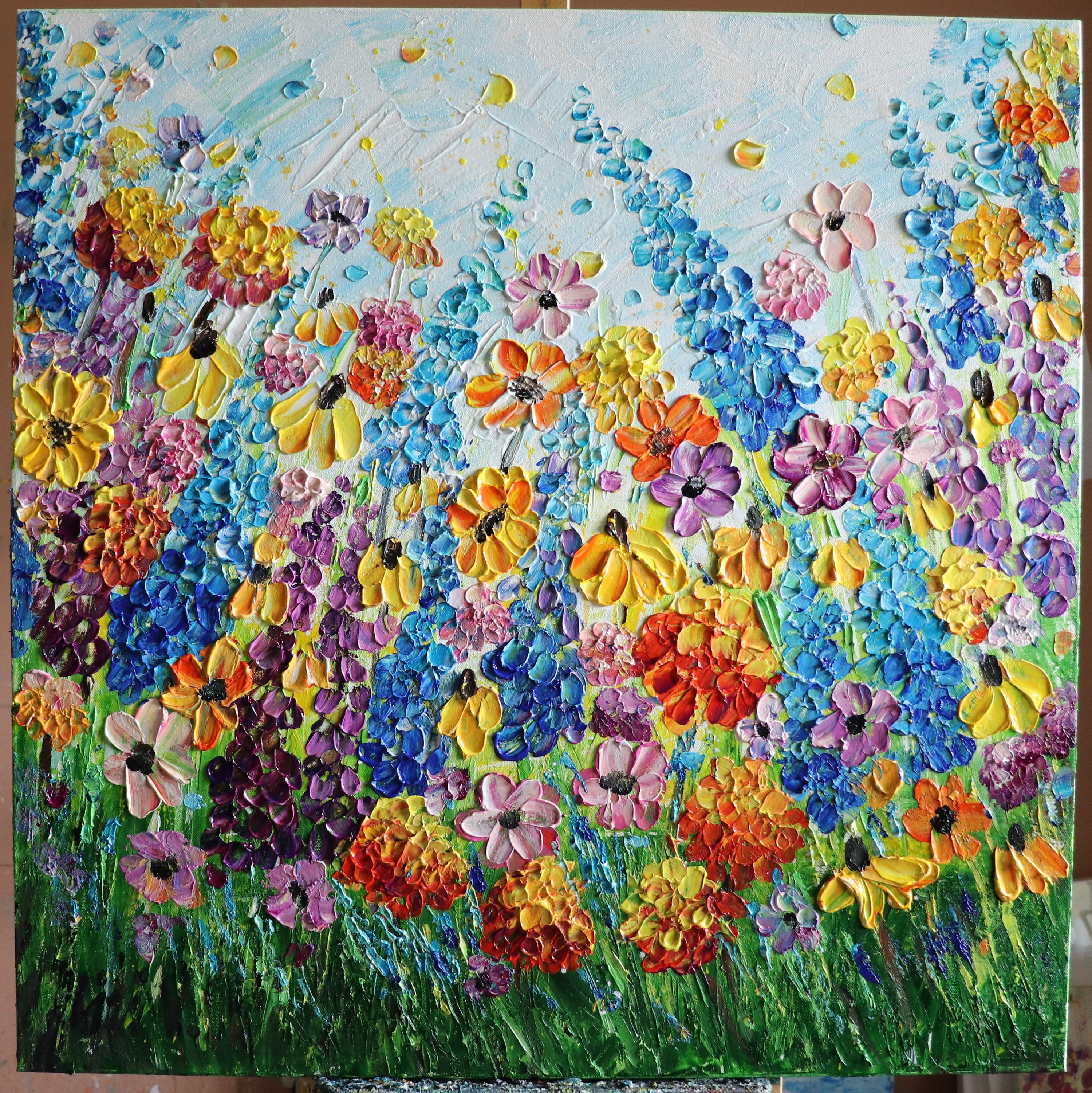 COUNTRY ZINNIAS CORNFLOWERS Original Oil Painting Square Canvas Flowers  Landscape Art by Luiza Vizoli