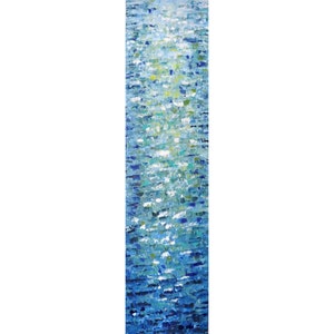 May include: Abstract painting with a vertical composition. The painting is dominated by shades of blue, with hints of green and white. The paint is applied in a thick, textured style, creating a sense of depth and movement.
