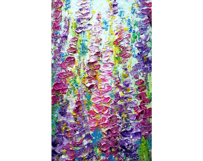 Wildflower Impasto Oil Painting: Lupine, Forget-Me-Nots on Vertical Canvas