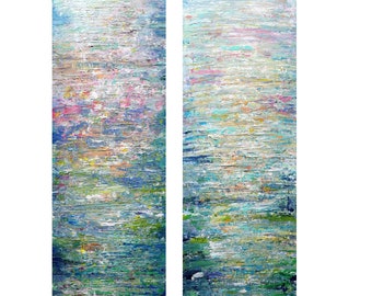 Set of Two Paintings WATER MIST Tall vertical wall art Original Art Different Sizes  Long Narrow wall decor staircase, bathroom