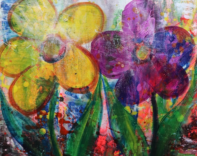 Original Mixed Media Floral Painting – 16x20 Acrylic Neon Colors on Canvas