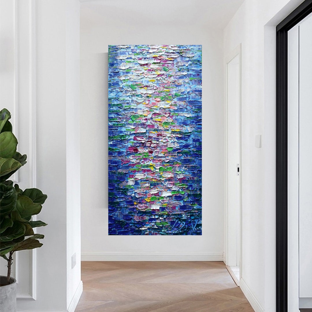 Large Vertical Canvas, Abstract Water Reflections, Impasto Oil Painting