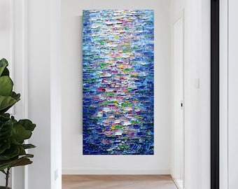 Large Vertical Abstract Water Reflections Canvas, Original Impasto Oil Painting by Luiza Vizoli, Modern Wall Art with Horizontal Option