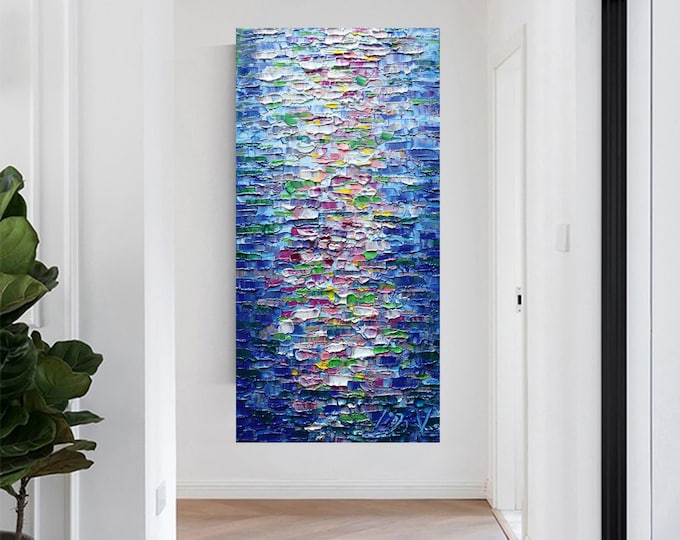 Large Vertical Canvas, Abstract Water Reflections, Impasto Oil Painting Original Art by Luiza Vizoli