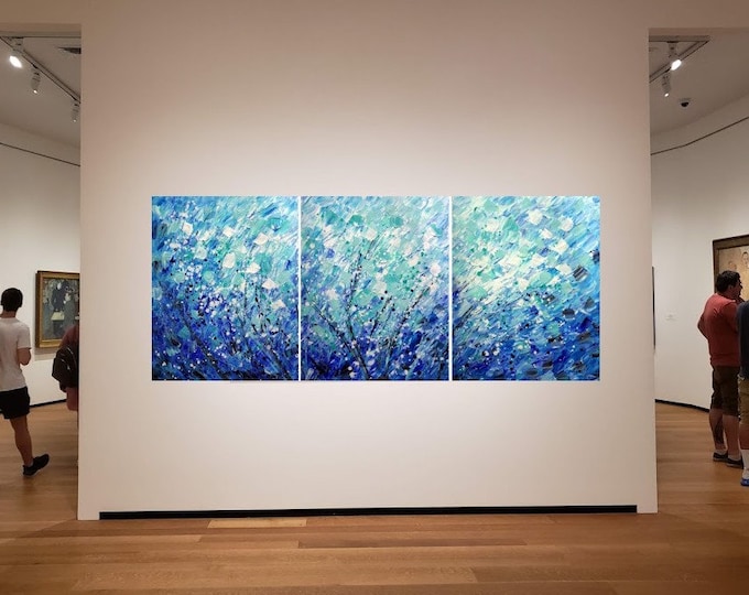 HUGE BLUE Painting Calming Petals Rain Art by Luiza Vizoli 72x30 or LARGER Oversize Canvases