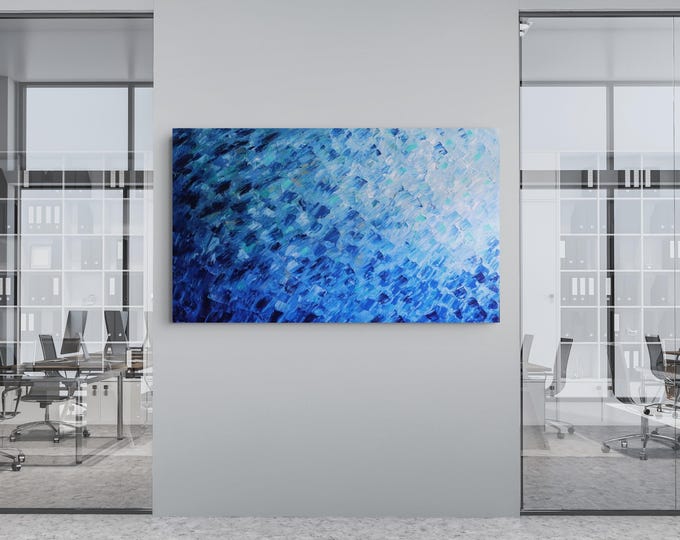Original Blue Abstract Coastal Painting 60x36 Azure Tide Reflections
