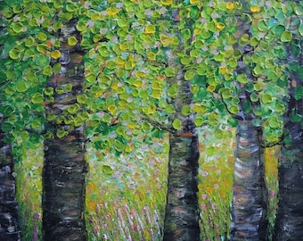 Original Green Birch Forest Painting, Textured Spring Landscape