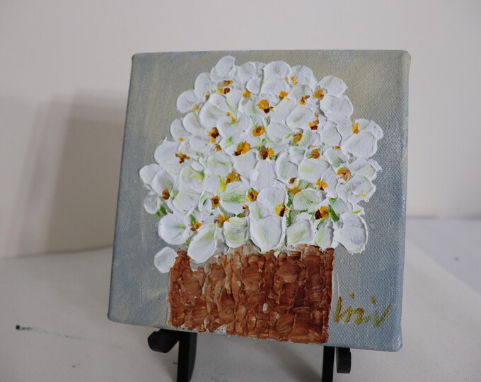 Original White Floral Painting, 6x6 Oil on Canvas, Textured Flower Art Signed
