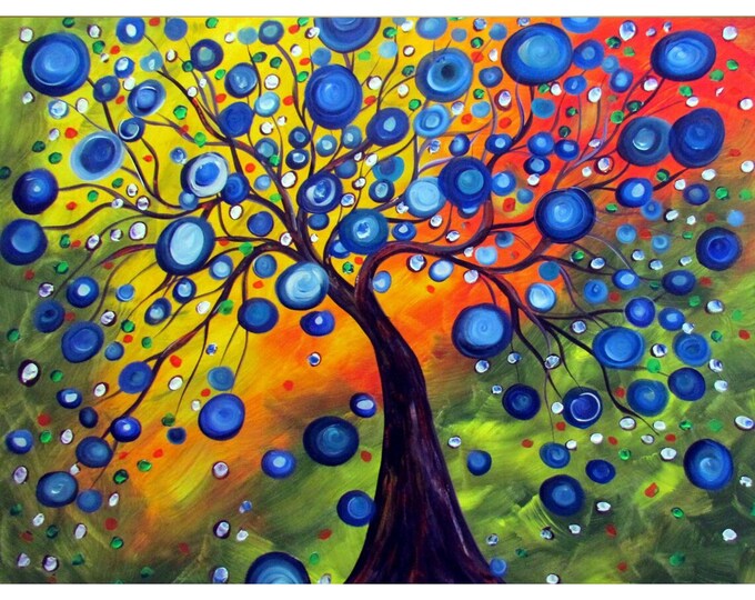 Painting Colorful Large Canvas RAINY SUMMER Tree Landscape Colorful Circles Art by Luiza Vizoli