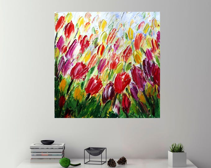 Colorful Tulip Painting, Original Textured Floral Canvas Art