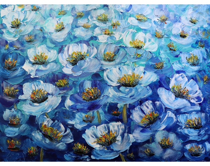 Blue FLOWERS Original Painting Impasto Textured Modern Art Anemones Large Canvas