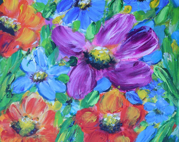 Vibrant Wildflower Oil Painting – 12 x 12 Inch Canvas, Signed Artwork, Expressive Brushwork