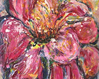 Abstract Flower Painting: Bold Pink Magenta Yellow Blue Green Oil