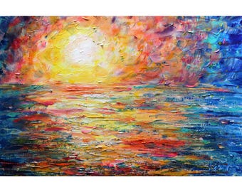 Serenade of the Evening Sky over Lake, Sunset original painting rich impasto, soft pastel colors pink, purple, orange, blues ,yellow