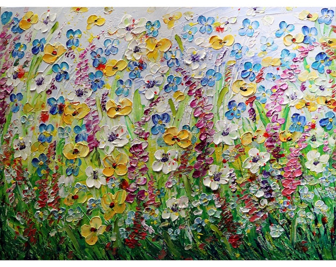 Wildflower Fields Texas Bluebonnet, Daisy, Forget Me Not, White Prickly Poppy Summer Flowers Large Painting Ready to Ship