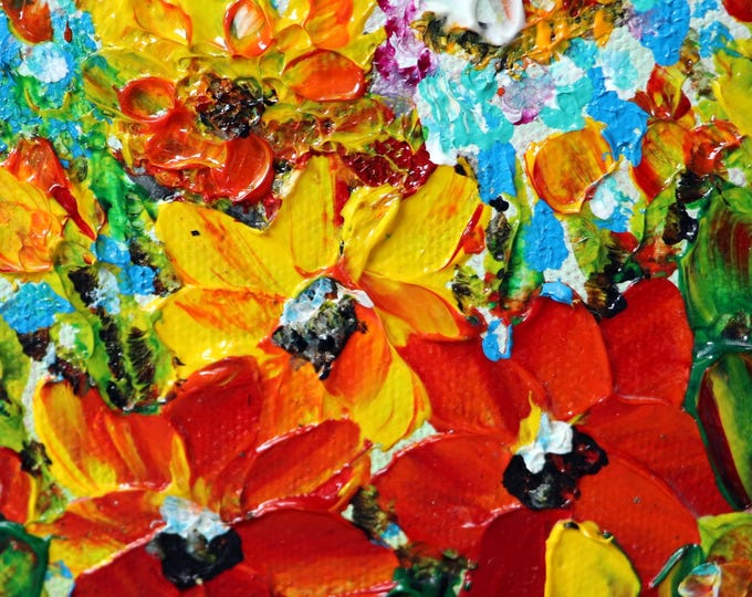 Flower Bee Artwork, Original Oil Painting on Canvas, Honeybee and Wildflowers, Vibrant Floral Bumblebee Art, Miniature Nature Scene,