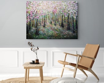 Extra Large Cherry Blossom Forest Painting, Original Textured Impressionist Art