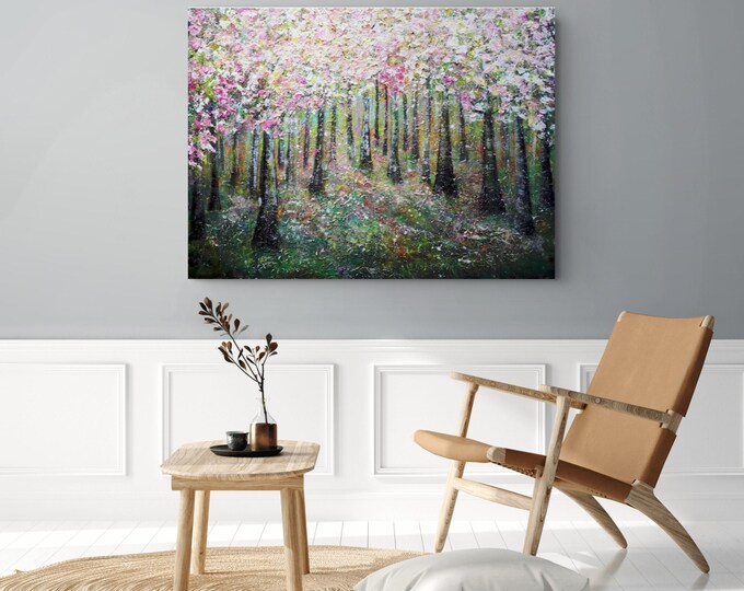 Extra Large Cherry Blossom Forest Painting, Original Textured Impressionist Art