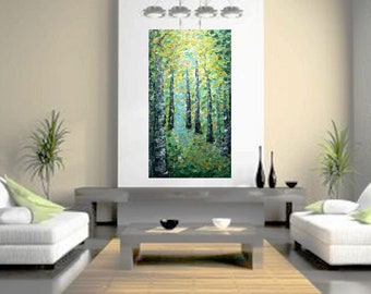 Birch Tree Springtime Oil Painting: Abstract Impasto Landscape Art