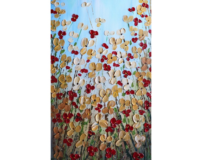 WILDFLOWERS Prairie Flowers Tall vertical wall art ORIGINAL Painting Narrow Canvas wall decor for staircase, bathroom, kitchen, entryway