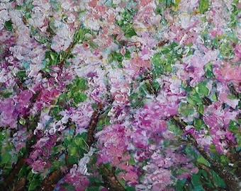 Cherry Blossom Painting, Original Oil on Canvas, Pink Flowering Trees 48x24