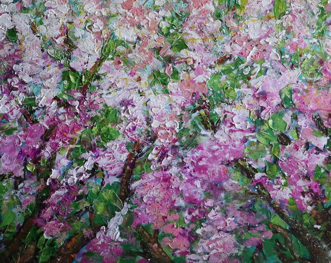 Cherry Blossom Painting, Original Oil on Canvas, Pink Flowering Trees 48x24
