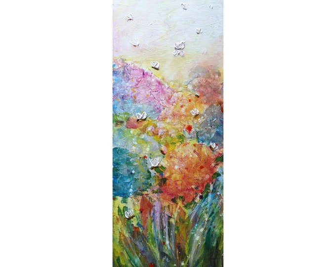 Vivid Spring Garden Bees Butterflies Spring Hydrangeas Blooming Original Painting by Luiza Vizoli, tall vertical narrow canvas