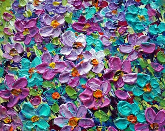 PINK BLUE TURQUOISE Mini Daisy Flowers Impasto Oil Hand Painted Original Custom Small Painting