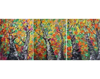 FALL Colors Minnesota Painting Landscape BIRCH Trees and Seasons Triptych Art Colorful Impasto Large Artwork by Luiza Vizoli