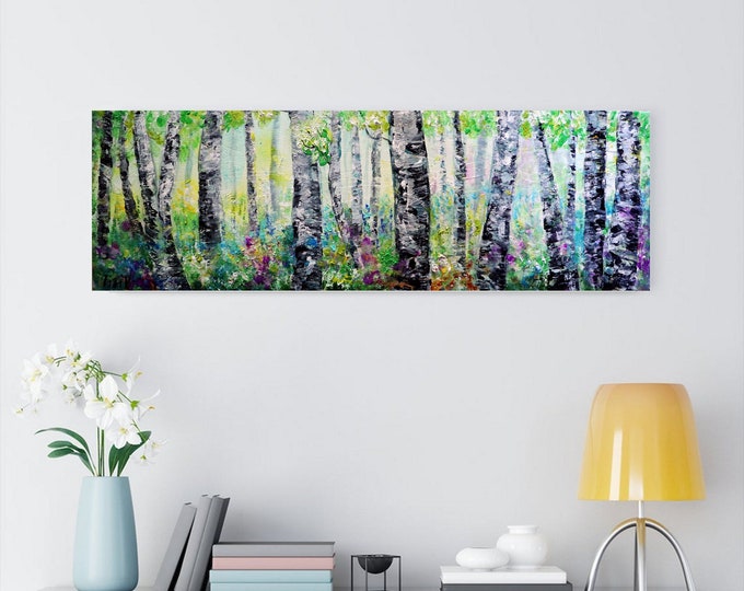 Summer Green Forest Trees and Flowers Morning Light Birch Trees Narrow Long Canvas Original Painting by Luiza Vizoli