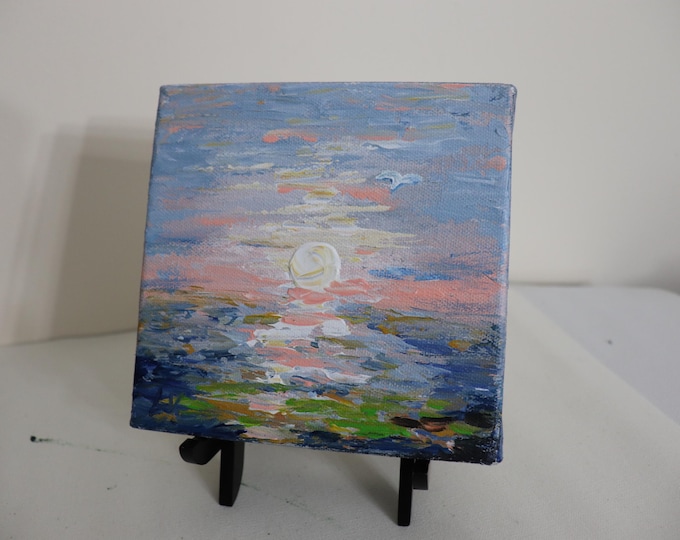 Blush Sunset Painting, 6x6 Original Seascape, Textured Ocean Art