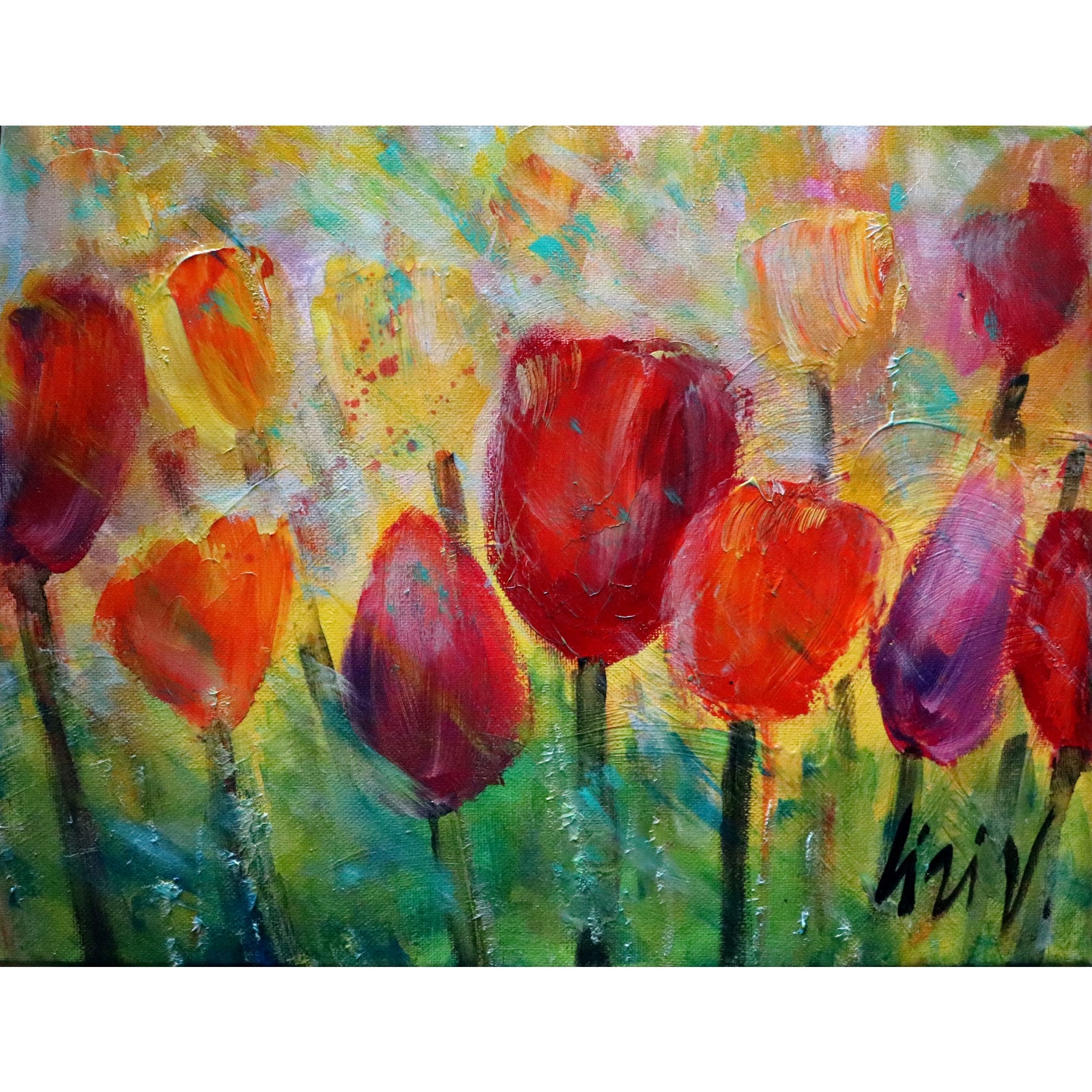 Tulips Spring Rain Original Oil Painting Colorful Happy Canvas