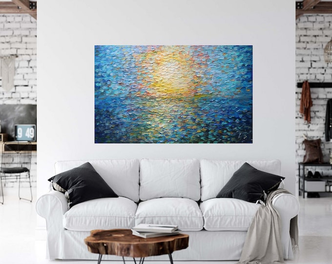 Original Handmade Large Oil Painting SKY and OCEAN , Sunrise, Sunset, Coastal Nautical ,Thick Heavy Impasto , ready to ship